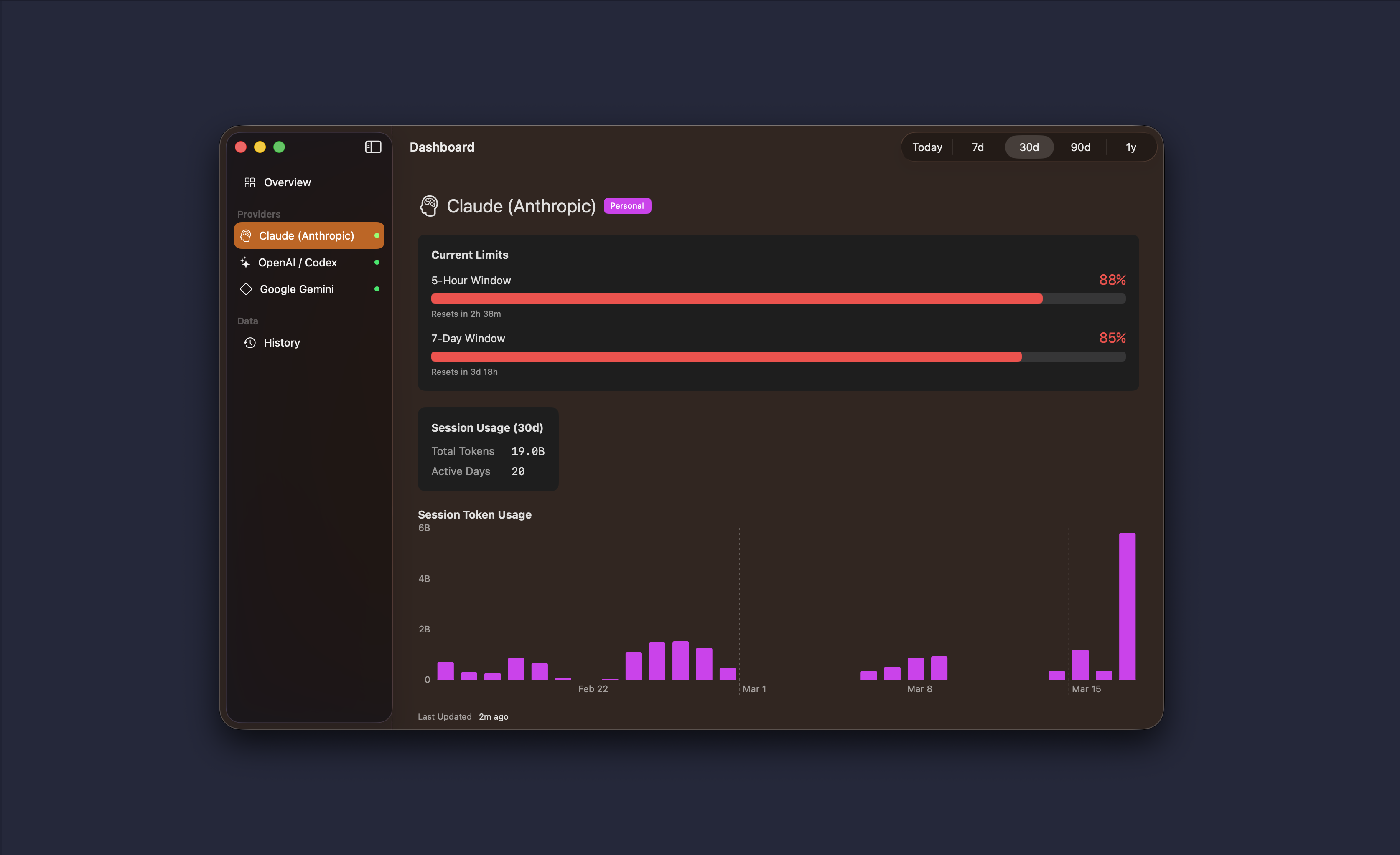 Claude detail view with 5-hour and 7-day subscription limits