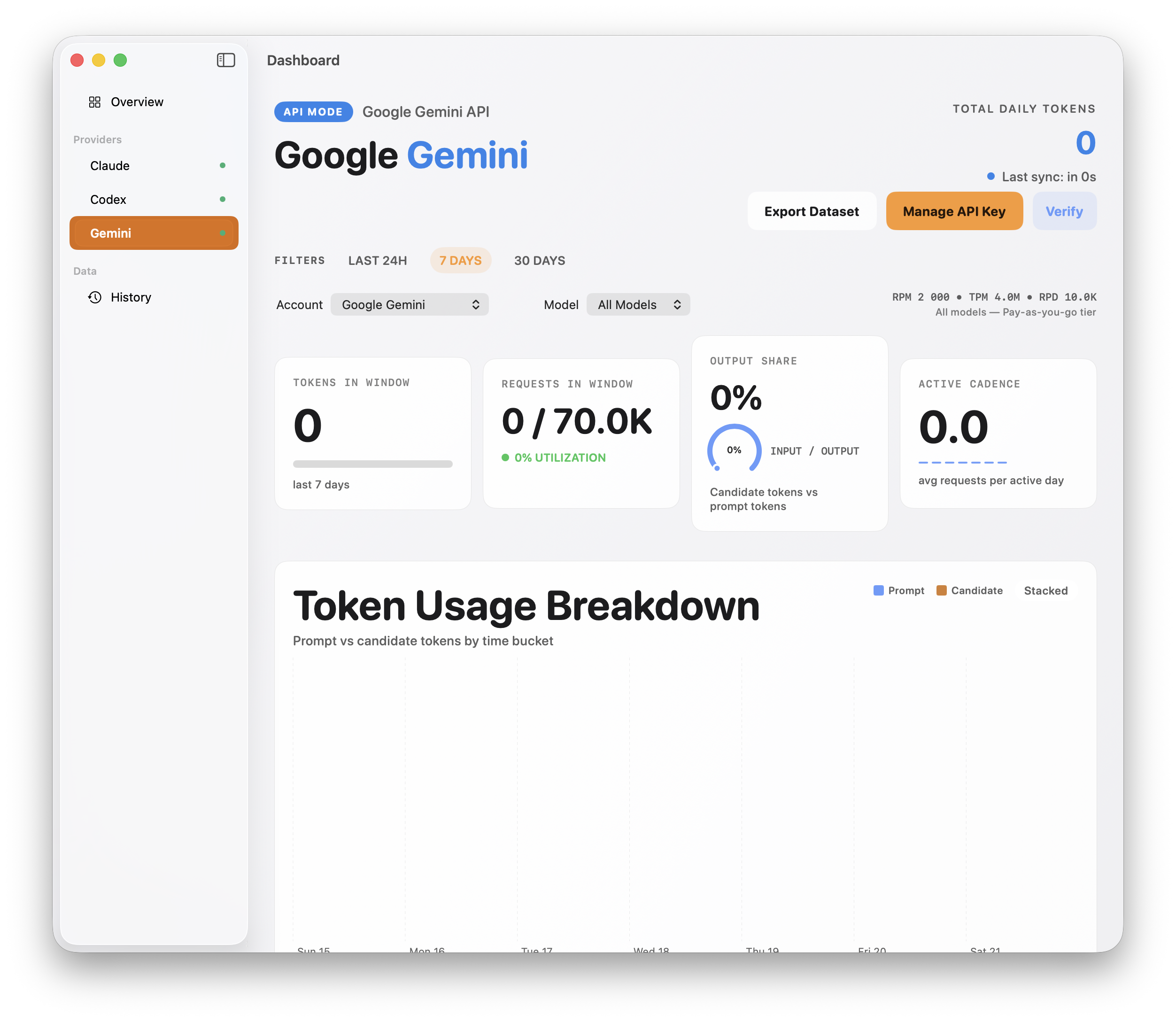 Google Gemini detail view with API usage and token chart