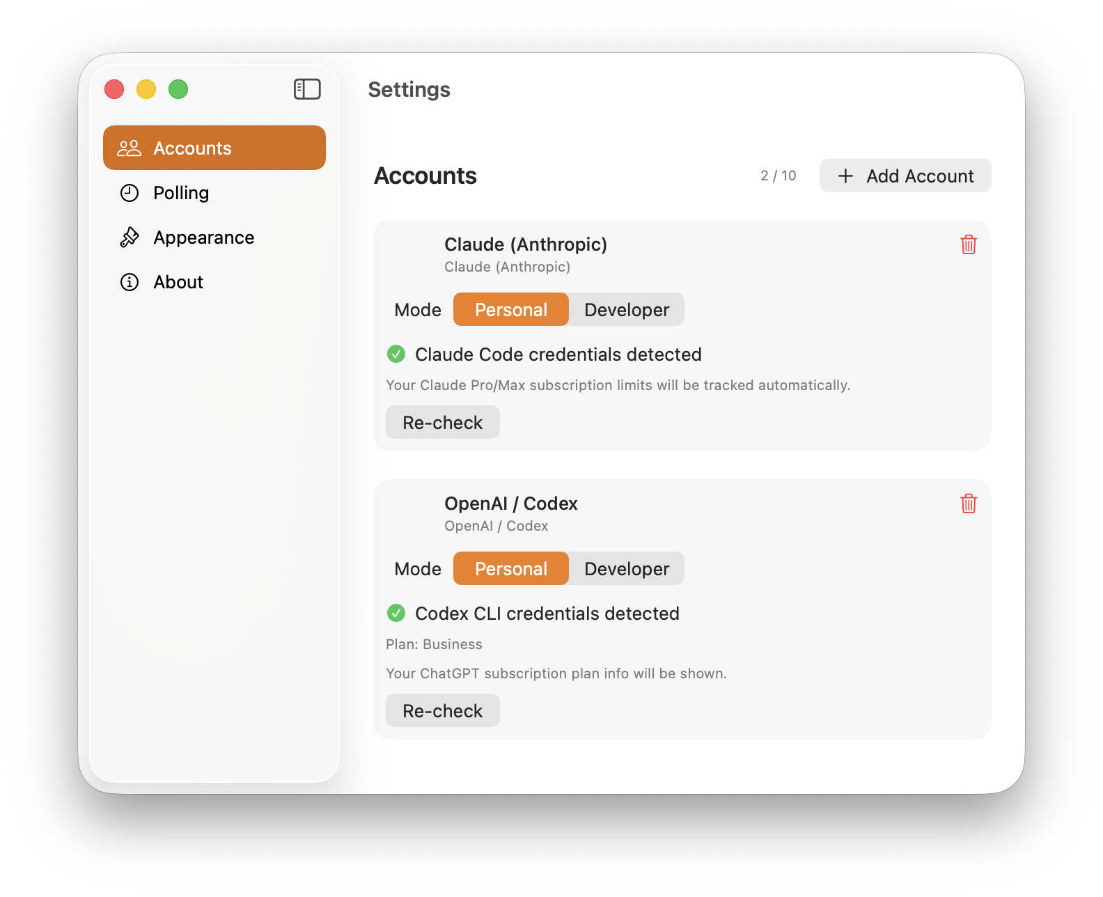 Settings view with API keys and account configuration