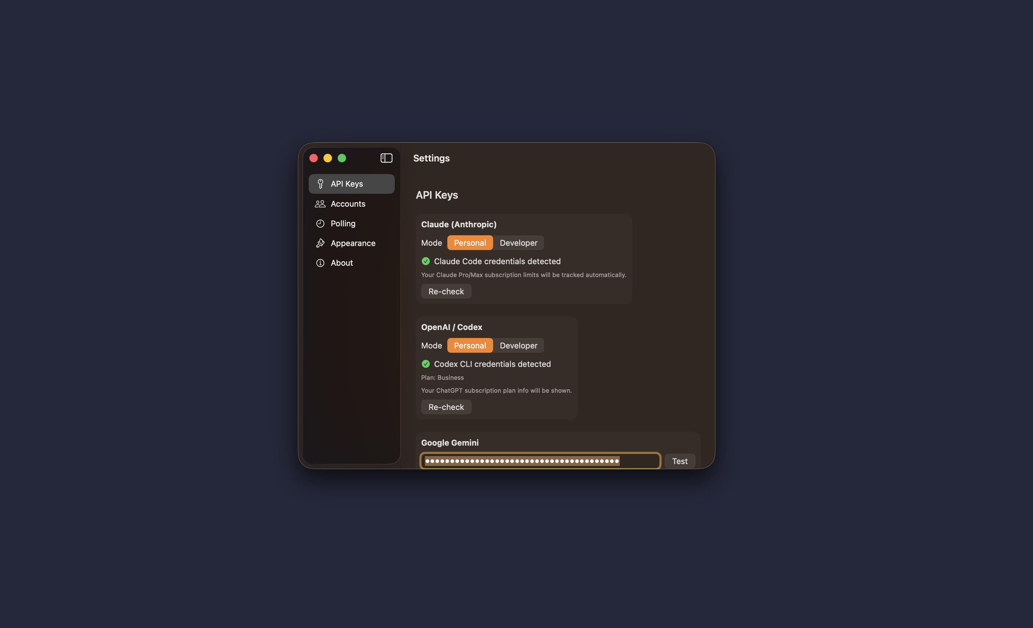 Settings view with API keys and account configuration